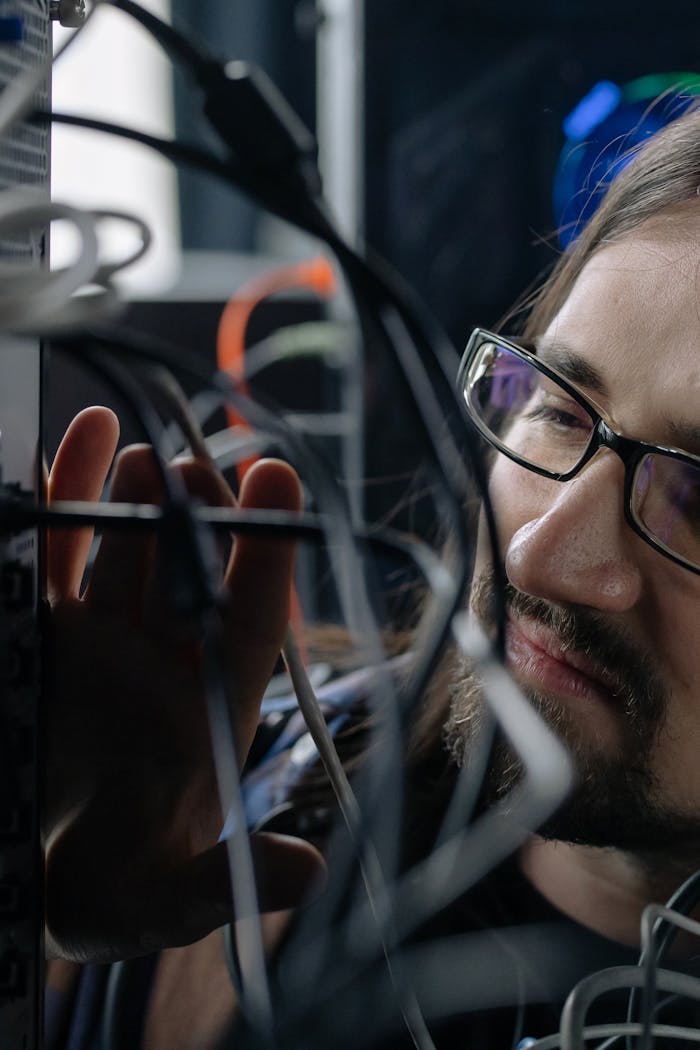 About Professional IT specialist handling network cables in a server room.